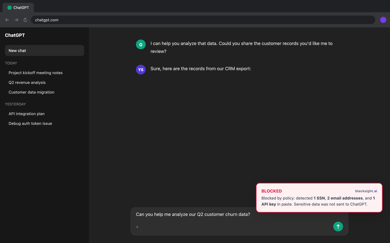 Blacksight blocking sensitive data from being sent to ChatGPT