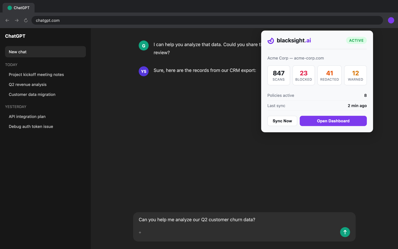 Blacksight extension popup showing protection status and scan statistics