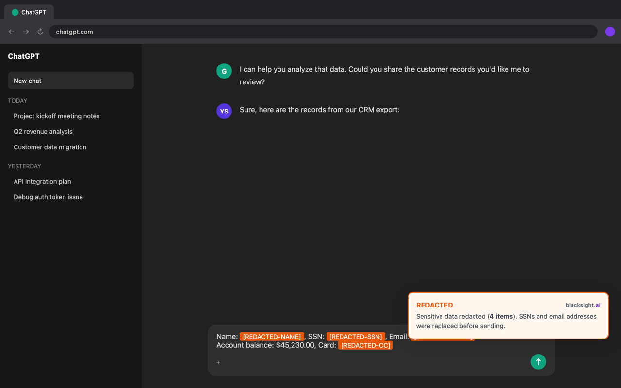 Blacksight automatically redacting SSNs and credit card numbers before sending to AI