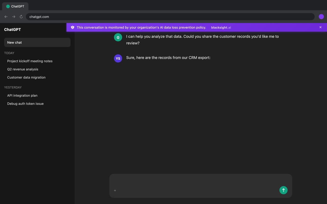 Blacksight awareness banner on ChatGPT showing DLP monitoring is active